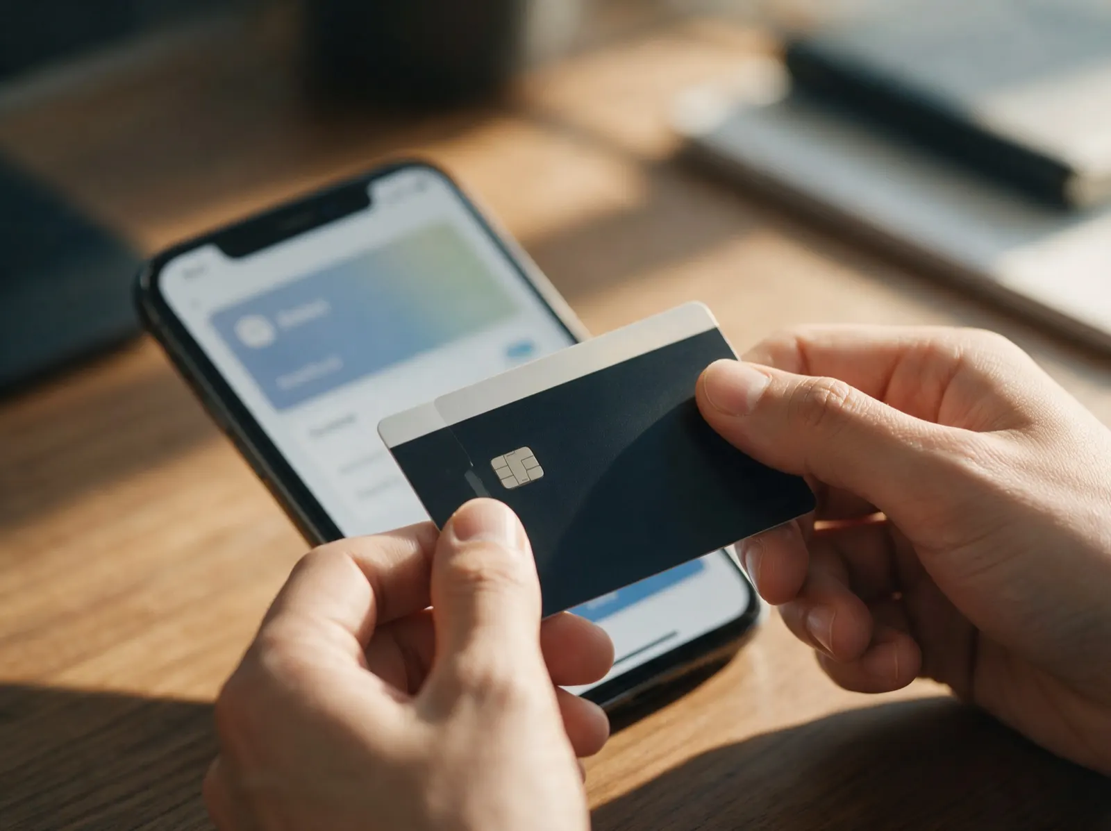 Manos pagando con tarjeta de crédito desde el celular mediante link de pago